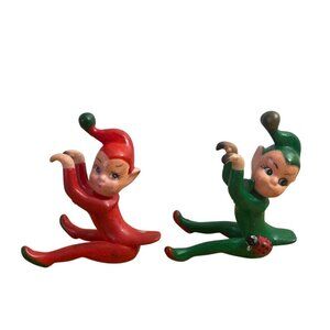 Vtg 50s Red Green Pixie Elf Figurines Ladybug Rubber Hangers Climbers Christmas